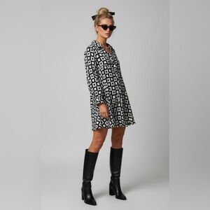 NEW Zara The Nadia Dress Mini Shirt Dress Geometric‎ Print Black White Medium